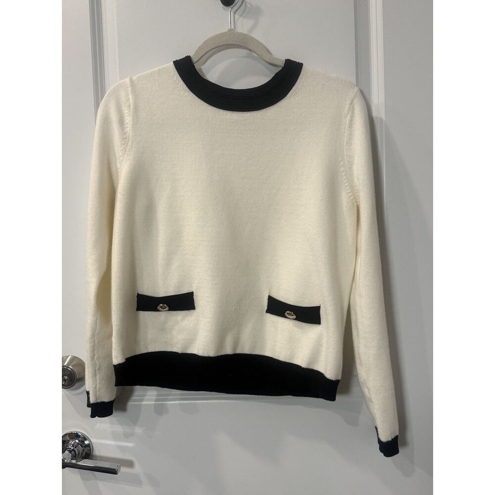 Ann Taylor Ivory Black Trim Gold Tone Button Pocket Sweater Large Petite